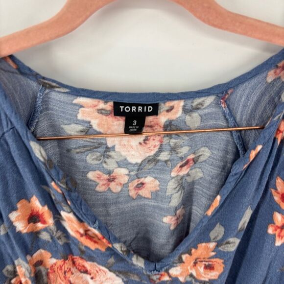 Torrid blue Sundress with peach flowers V-Neck and half Sleeves women’s 3 - Picture 4 of 7